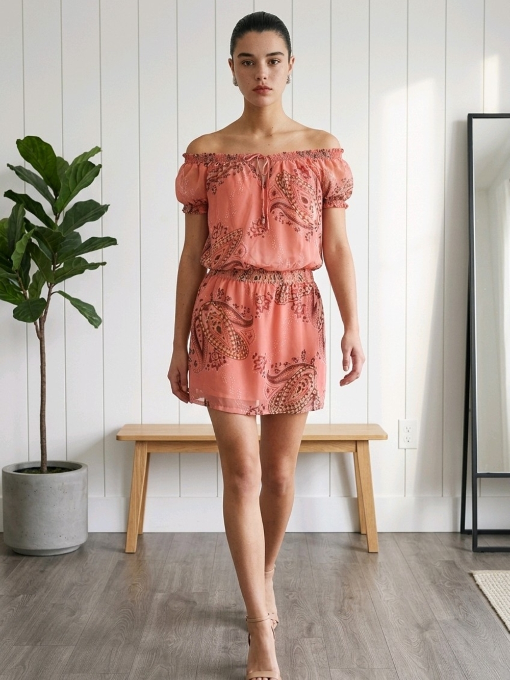 jonathan martin Coral Paisley Off-Shoulder Mini Dress